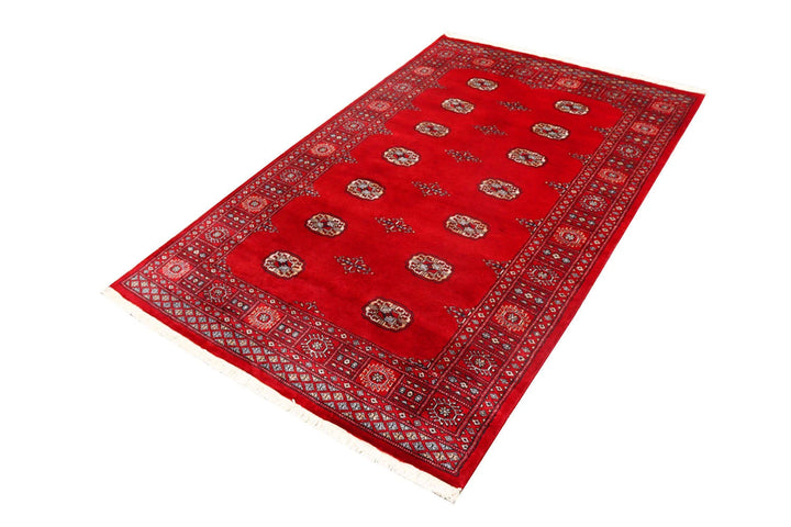 Red Pakistani Bokhara Rug 4' 1" x 6' 5" Hand-Knotted | No. QA85990