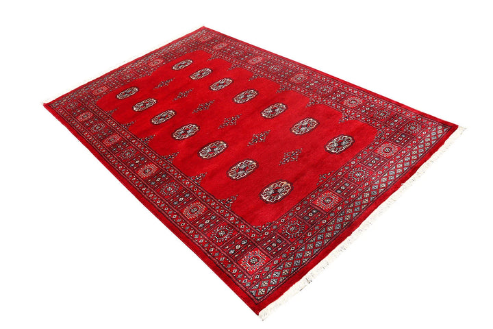 Red Pakistani Bokhara Rug 4' 1" x 6' 5" Hand-Knotted | No. QA85990