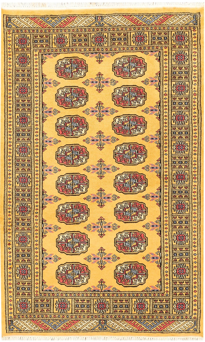 Gold Pakistani Bokhara Rug 3' 1" x 4' 11" Hand-Knotted | No. QA86142