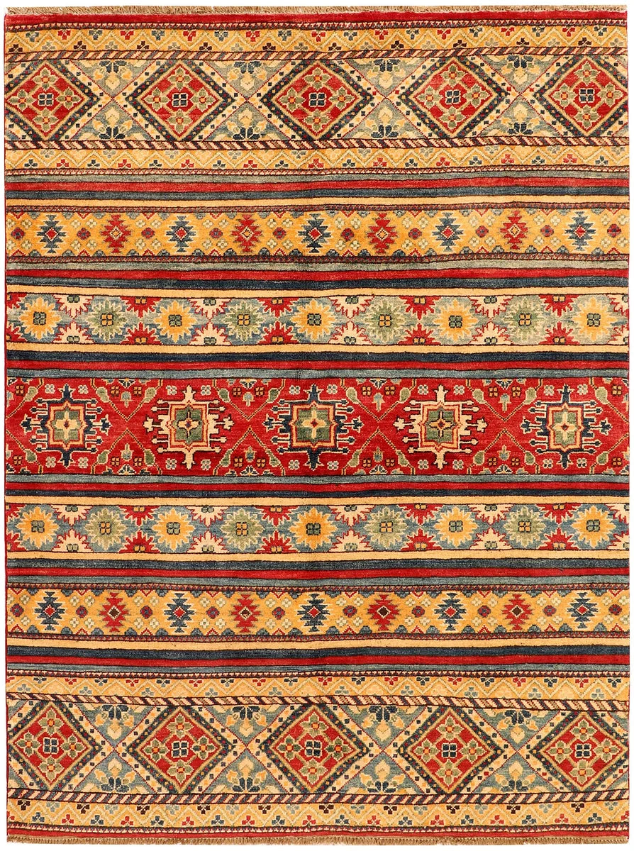 Afghan Kazak Rug 4' 11" x 6' 6" Hand-Knotted | No. QA86955