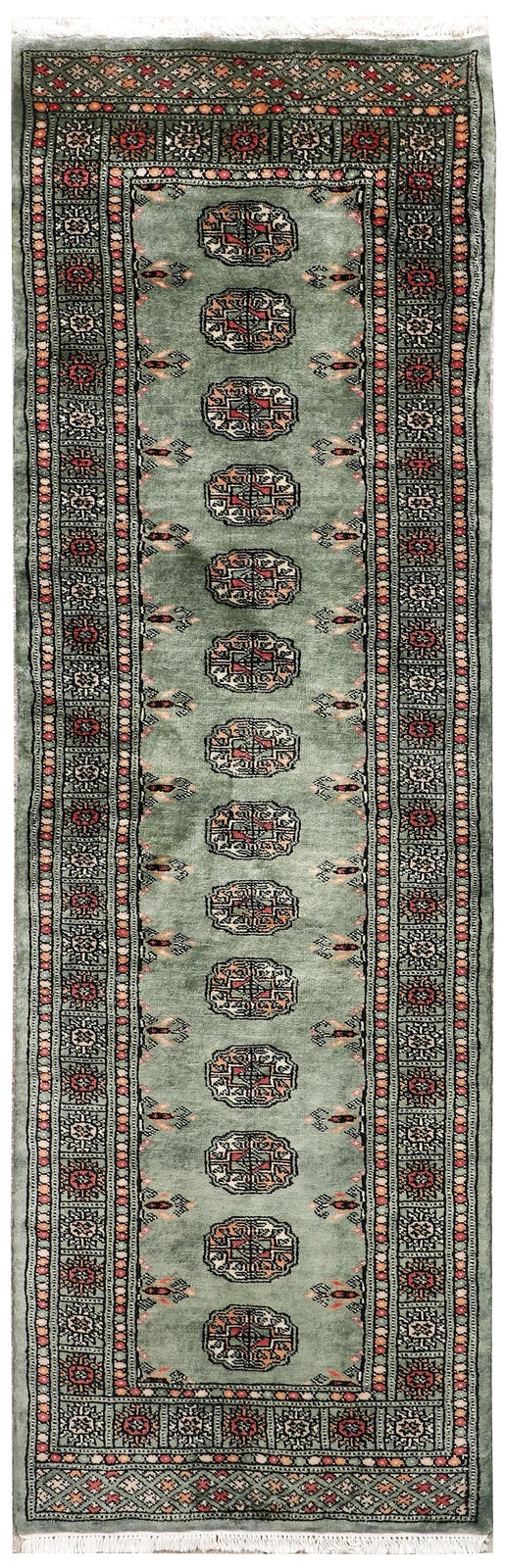 Dark Sea Green Pakistani Bokhara Rug 2'2" x 6'6" Hand-Knotted | No. QA87326