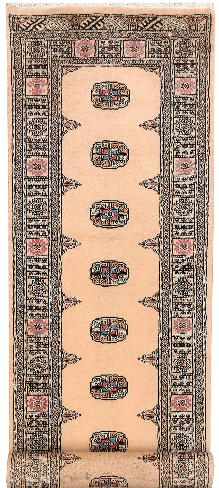 Antique White Pakistani Bokhara Rug 2' 7" x 11' 1" Hand-Knotted | No. QA87684