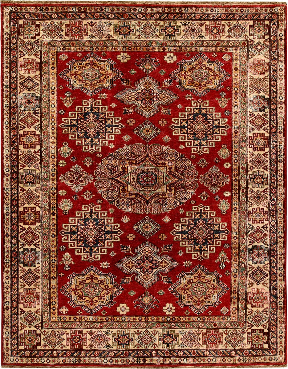 Red Afghan Kazak Rug 5' 5" x 7' 1" Hand-Knotted | No. QA87771