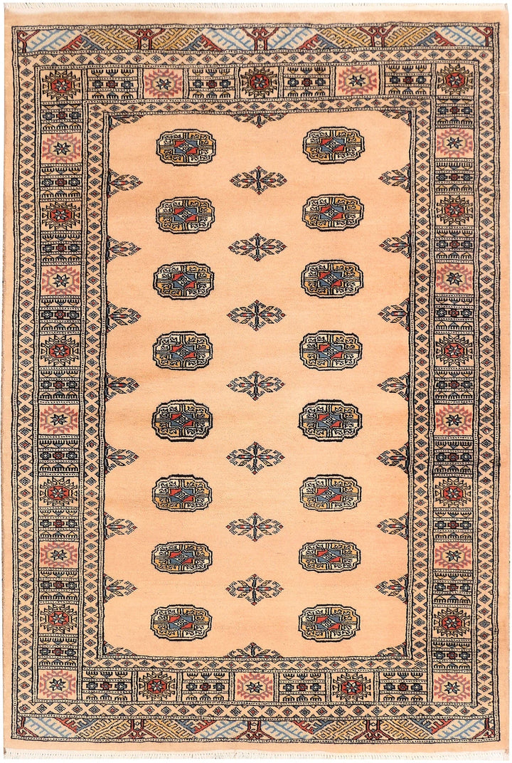 Tan Pakistani Bokhara Rug 4' 2" x 6' 1" Hand-Knotted | No. QA88747