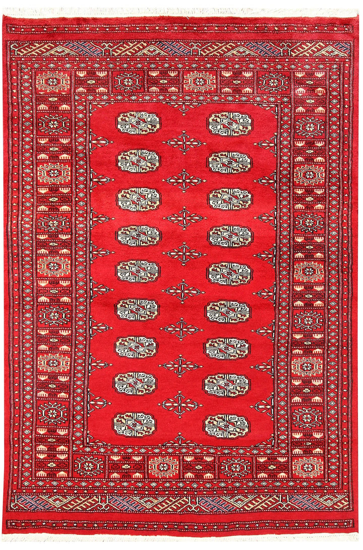 Red Pakistani Bokhara Rug 4' x 6' Hand-Knotted | No. QA88840