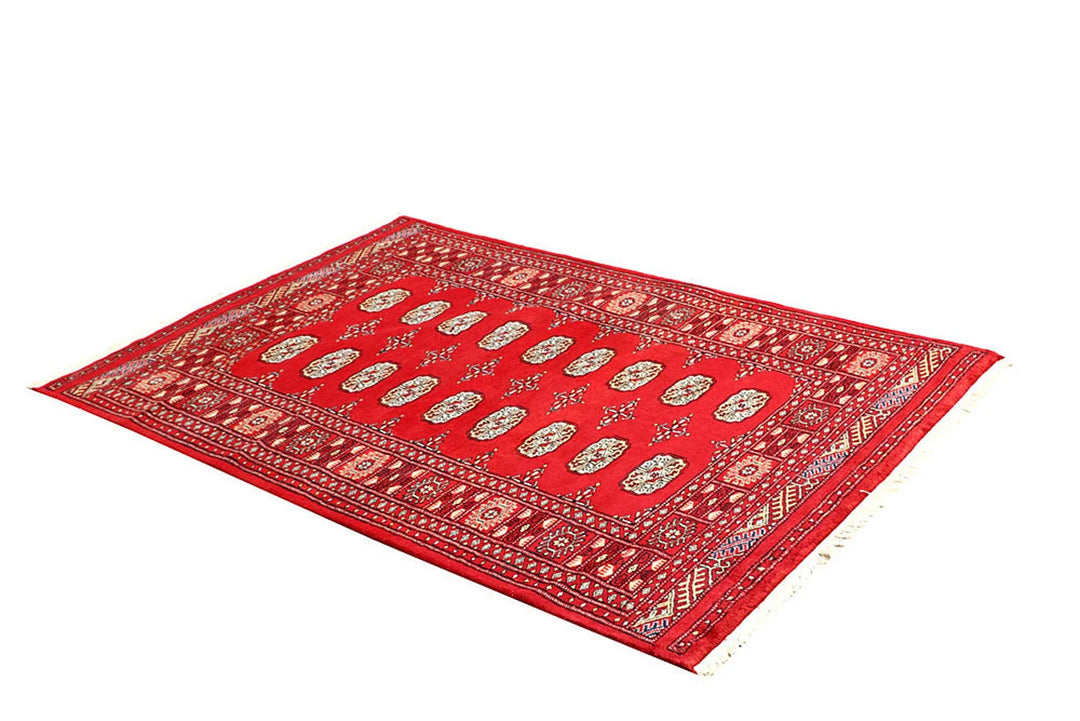 Red Pakistani Bokhara Rug 4' x 6' Hand-Knotted | No. QA88840