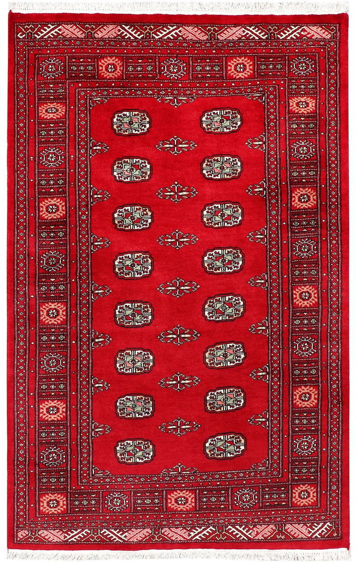 Red Pakistani Bokhara Rug 4' x 6'3" Hand-Knotted | No. QA89108