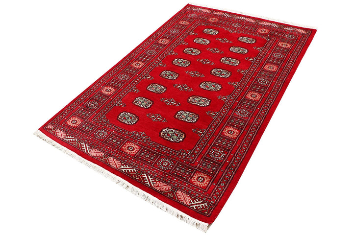 Red Pakistani Bokhara Rug 4' x 6'3" Hand-Knotted | No. QA89108