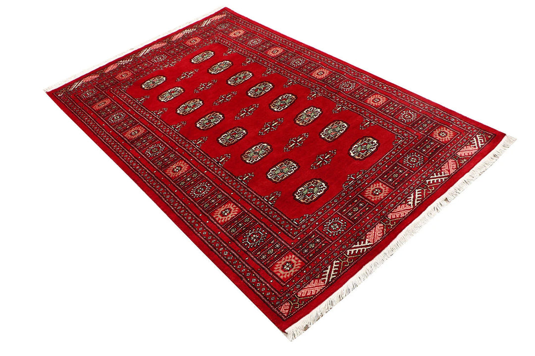 Red Pakistani Bokhara Rug 4' x 6'3" Hand-Knotted | No. QA89108