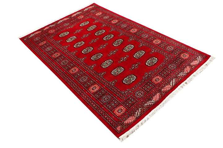 Red Pakistani Bokhara Rug 4' x 6'3" Hand-Knotted | No. QA89108