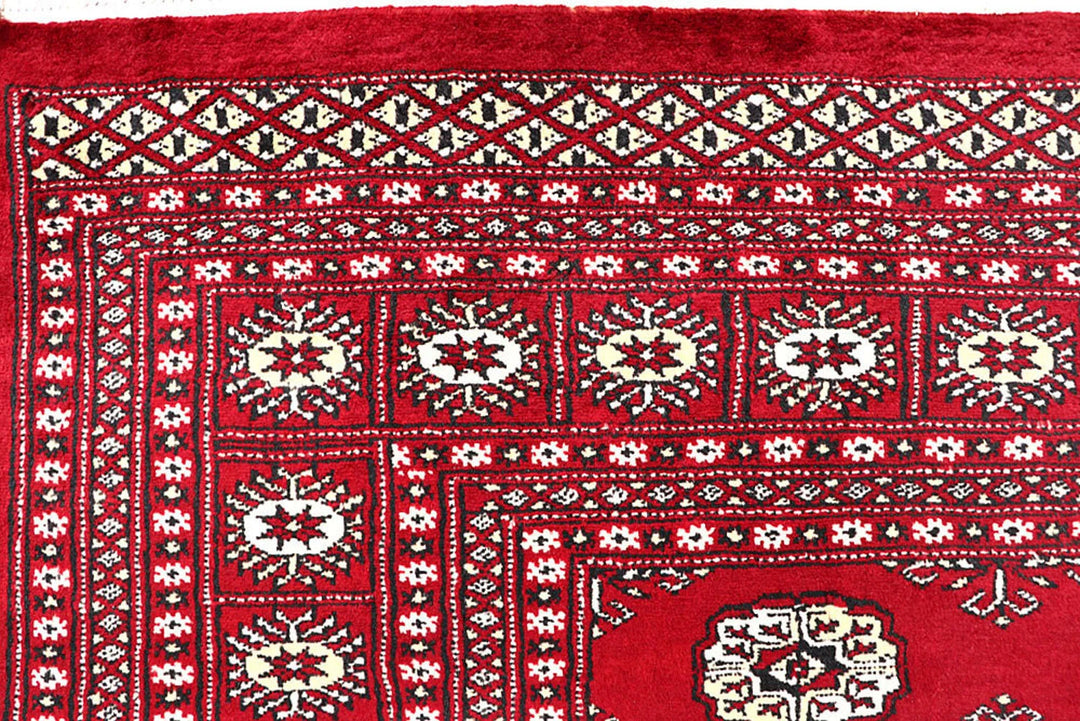 Red Pakistani Bokhara Rug 6' 2" x 8' 10" Hand-Knotted | No. QA89109