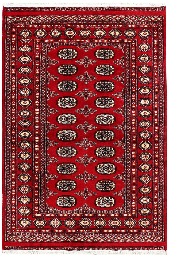 Red Pakistani Bokhara Rug 4' x 6' Hand-Knotted | No. QA91043