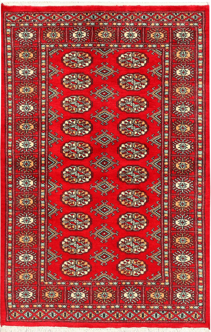 Red Pakistani Bokhara Rug 3' 1" x 4' 8" Hand-Knotted | No. QA91644