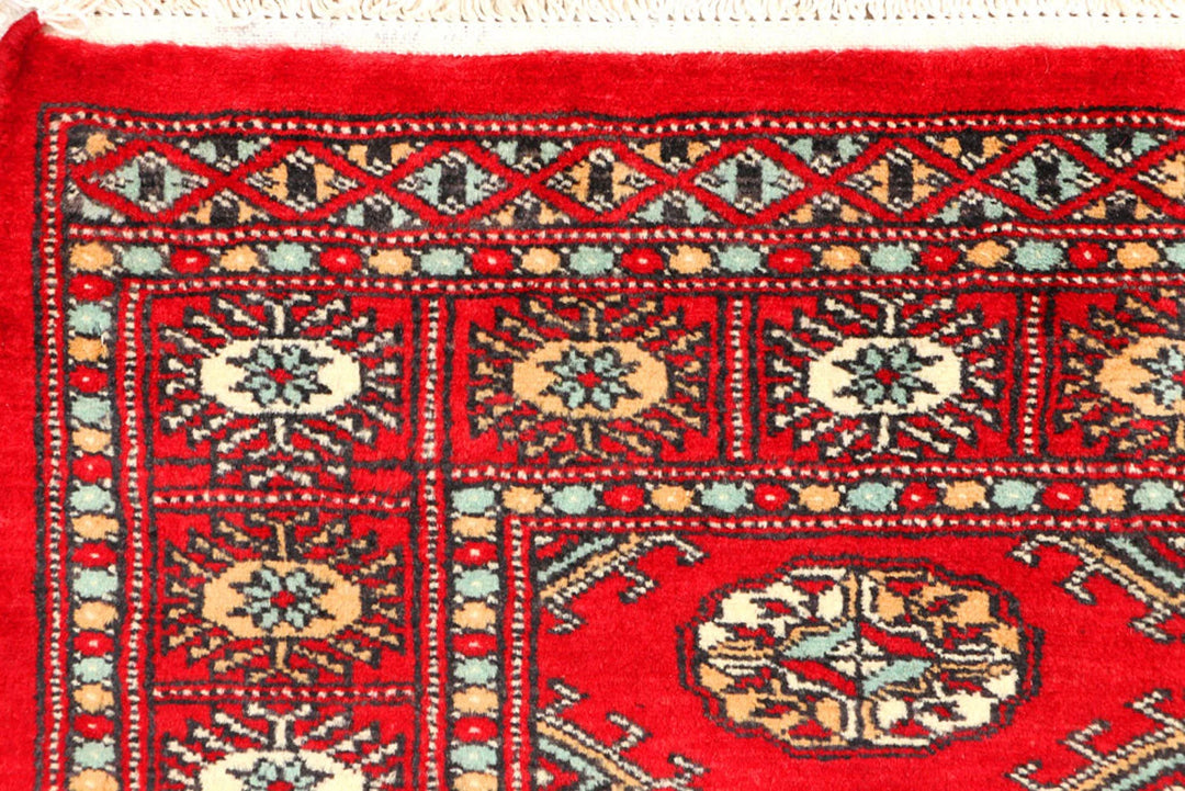 Red Pakistani Bokhara Rug 3' 1" x 4' 8" Hand-Knotted | No. QA91644