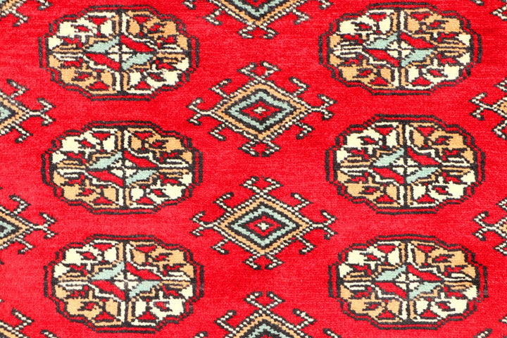 Red Pakistani Bokhara Rug 3' 1" x 4' 8" Hand-Knotted | No. QA91644