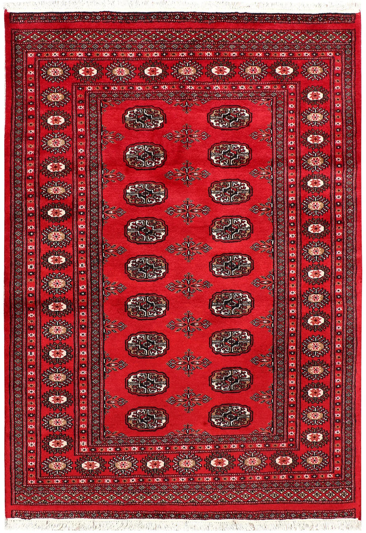 Red Pakistani Bokhara Rug 4' 2" x 5' 10" Hand-Knotted | No. QA91648