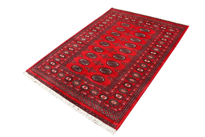 Red Pakistani Bokhara Rug 4' 2" x 5' 10" Hand-Knotted | No. QA91648