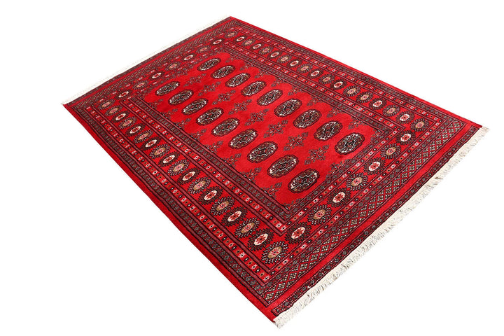 Red Pakistani Bokhara Rug 4' 2" x 5' 10" Hand-Knotted | No. QA91648