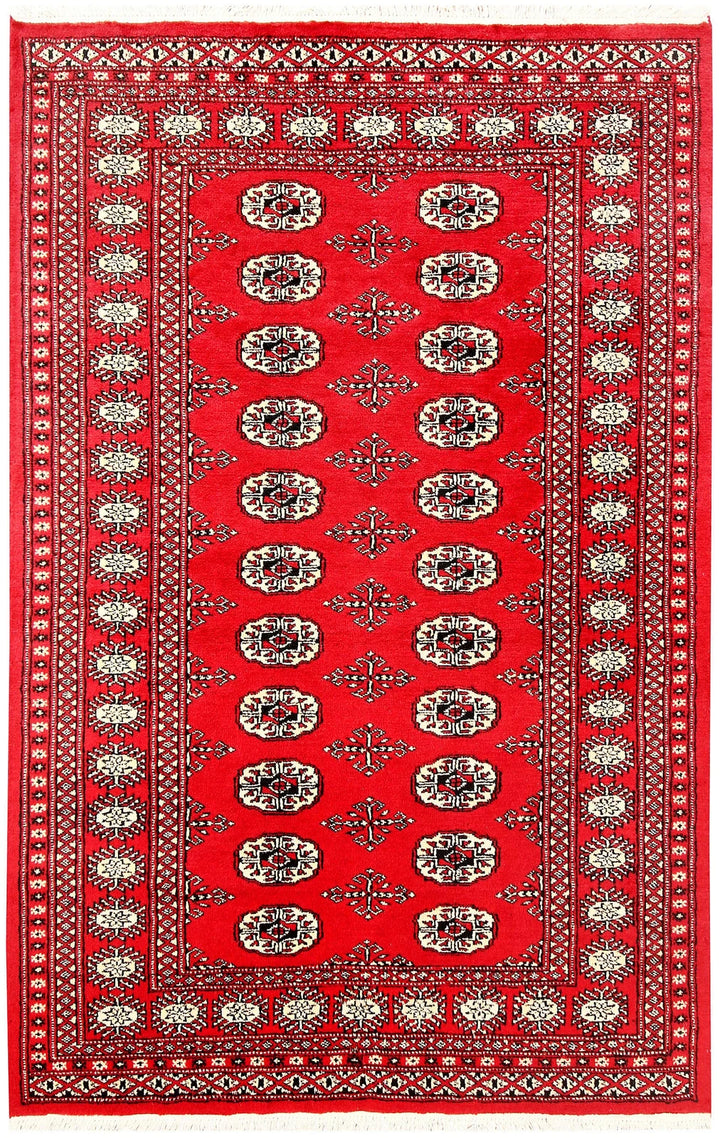 Red Pakistani Bokhara Rug 4' x 6'2" Hand-Knotted | No. QA92594