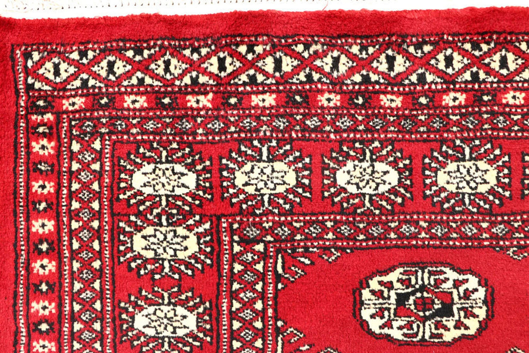 Red Pakistani Bokhara Rug 4' x 6'2" Hand-Knotted | No. QA92594