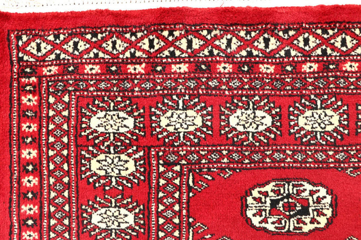 Red Pakistani Bokhara Rug 4' x 6'2" Hand-Knotted | No. QA92594