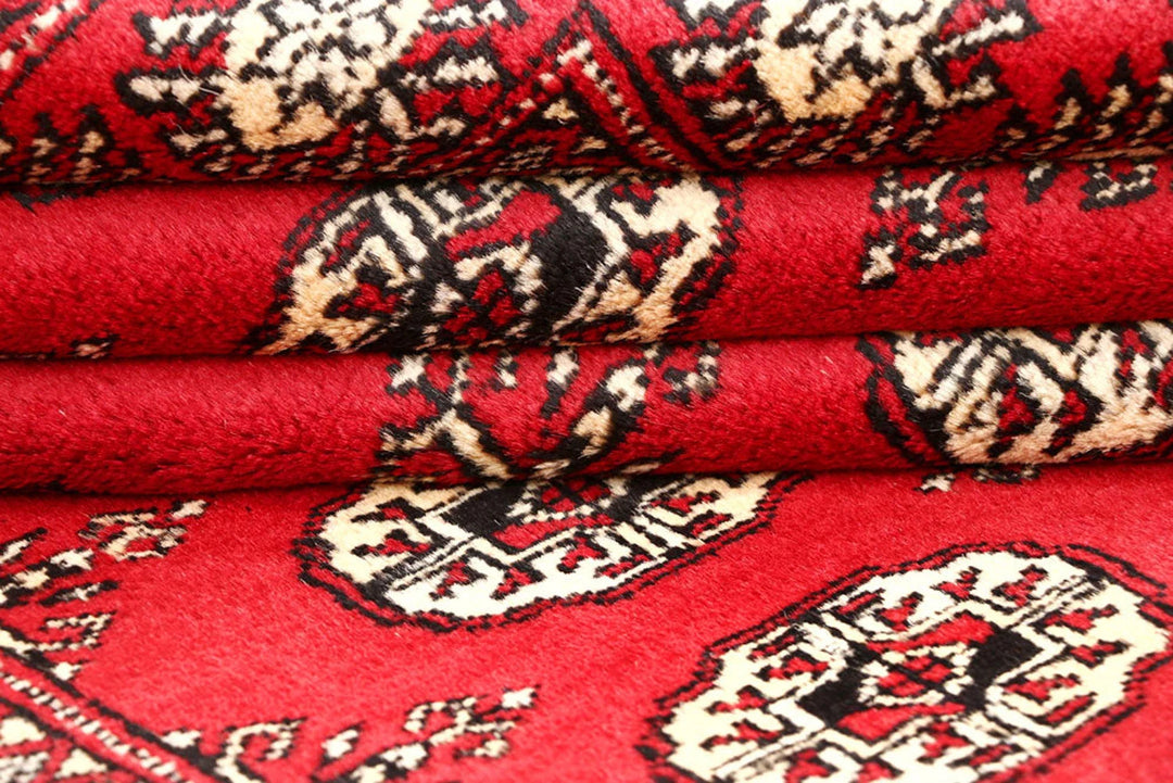 Red Pakistani Bokhara Rug 4' x 6'2" Hand-Knotted | No. QA92594