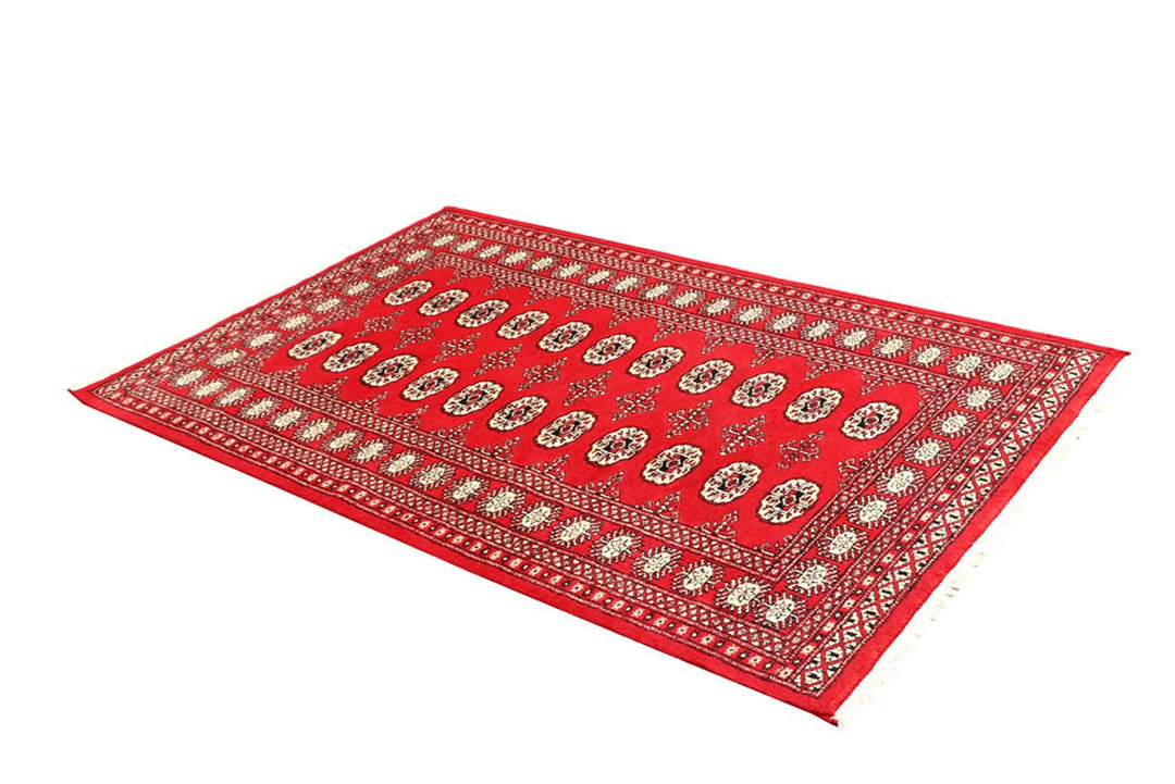 Red Pakistani Bokhara Rug 4' x 6'2" Hand-Knotted | No. QA92594
