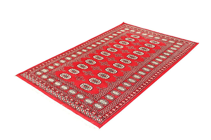 Red Pakistani Bokhara Rug 4' x 6'2" Hand-Knotted | No. QA92594