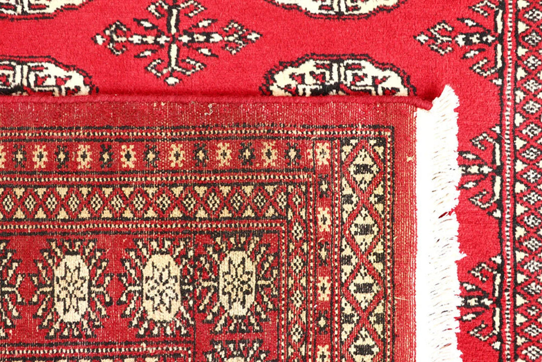 Red Pakistani Bokhara Rug 4' x 6'2" Hand-Knotted | No. QA92594