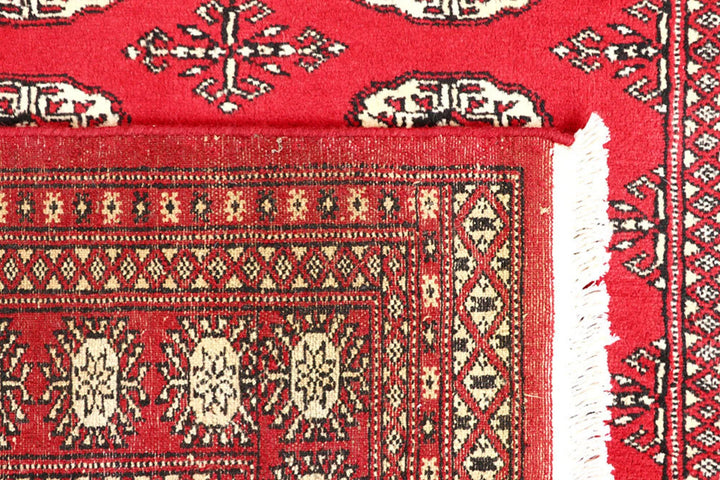 Red Pakistani Bokhara Rug 4' x 6'2" Hand-Knotted | No. QA92594