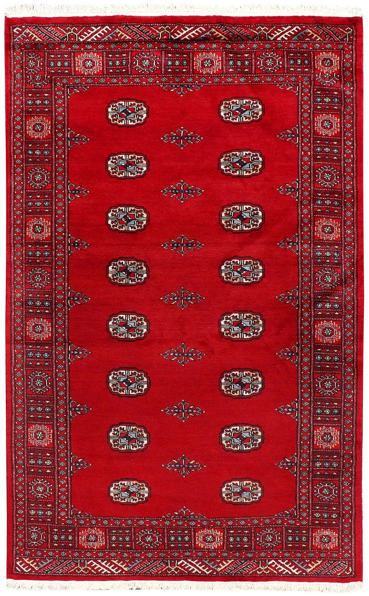 Red Pakistani Bokhara Rug 4' x 6' 5" Hand-Knotted | No. QA92701