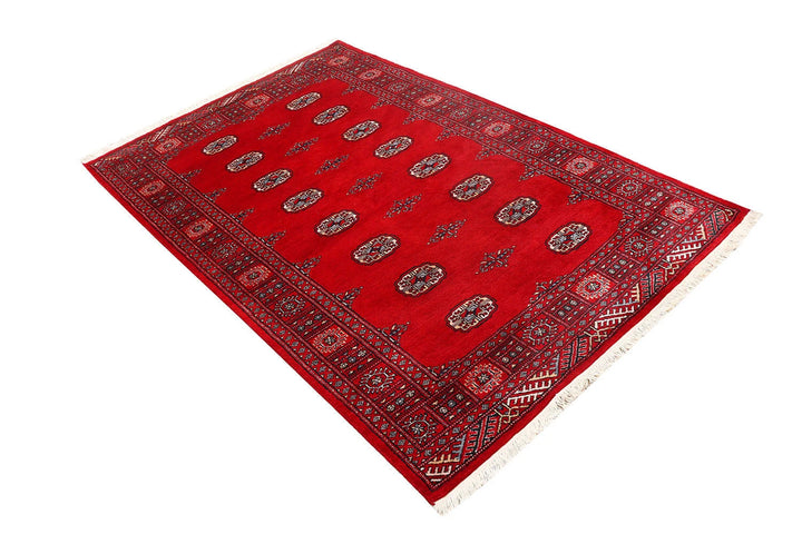 Red Pakistani Bokhara Rug 4' x 6' 5" Hand-Knotted | No. QA92701