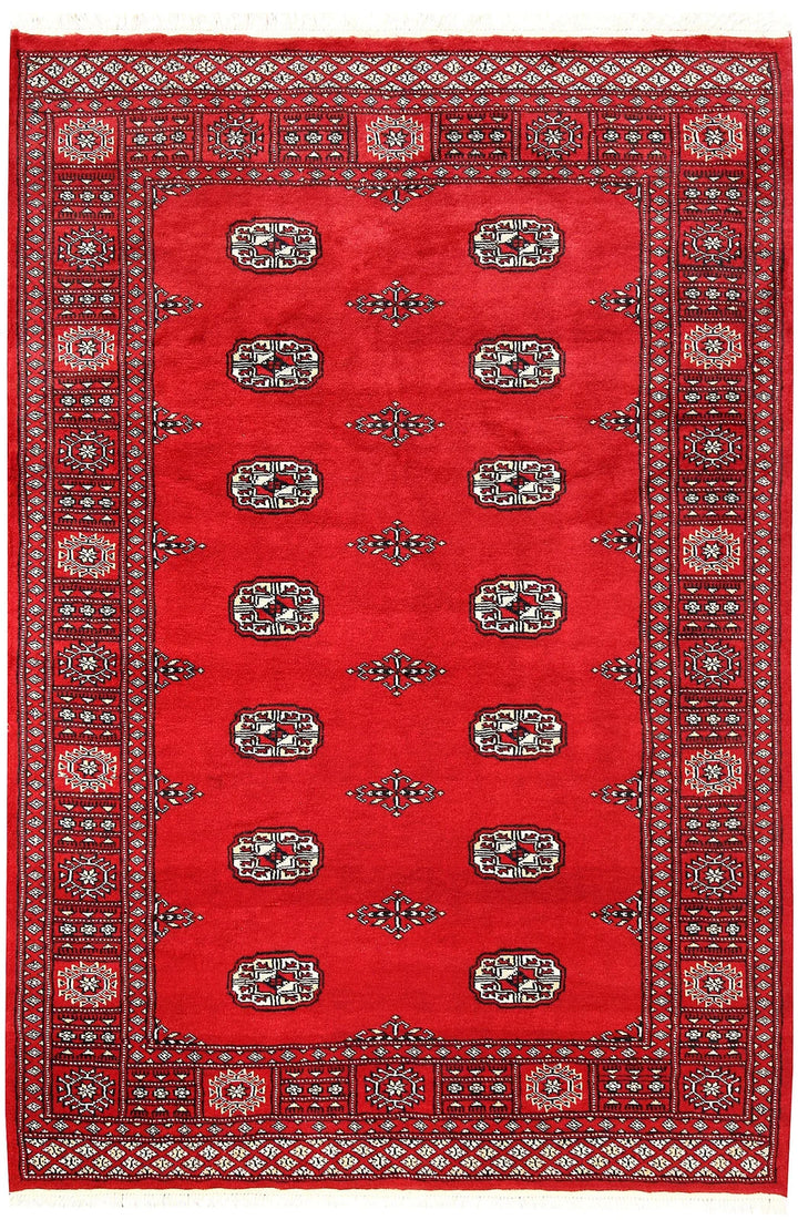 Red Pakistani Bokhara Rug 4' 1" x 6' Hand-Knotted | No. QA92730
