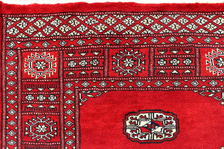 Red Pakistani Bokhara Rug 4' 1" x 6' Hand-Knotted | No. QA92730