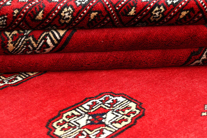 Red Pakistani Bokhara Rug 4' 1" x 6' Hand-Knotted | No. QA92730