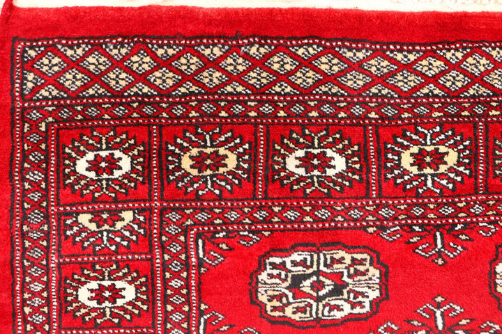 Red Pakistani Bokhara Rug 3' x 4'6" Hand-Knotted | No. QA93550