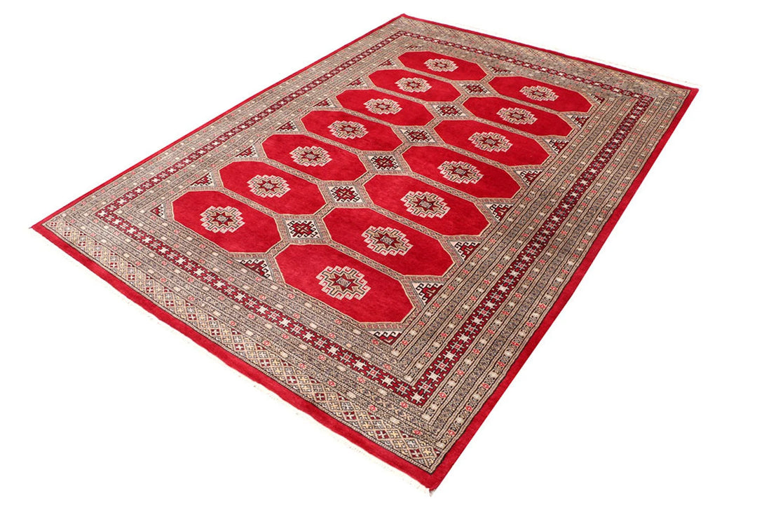 Firebrick Red Pakistani Jaldar Rug 5' 7" x 7' 9" Hand-Knotted | No. QA93791