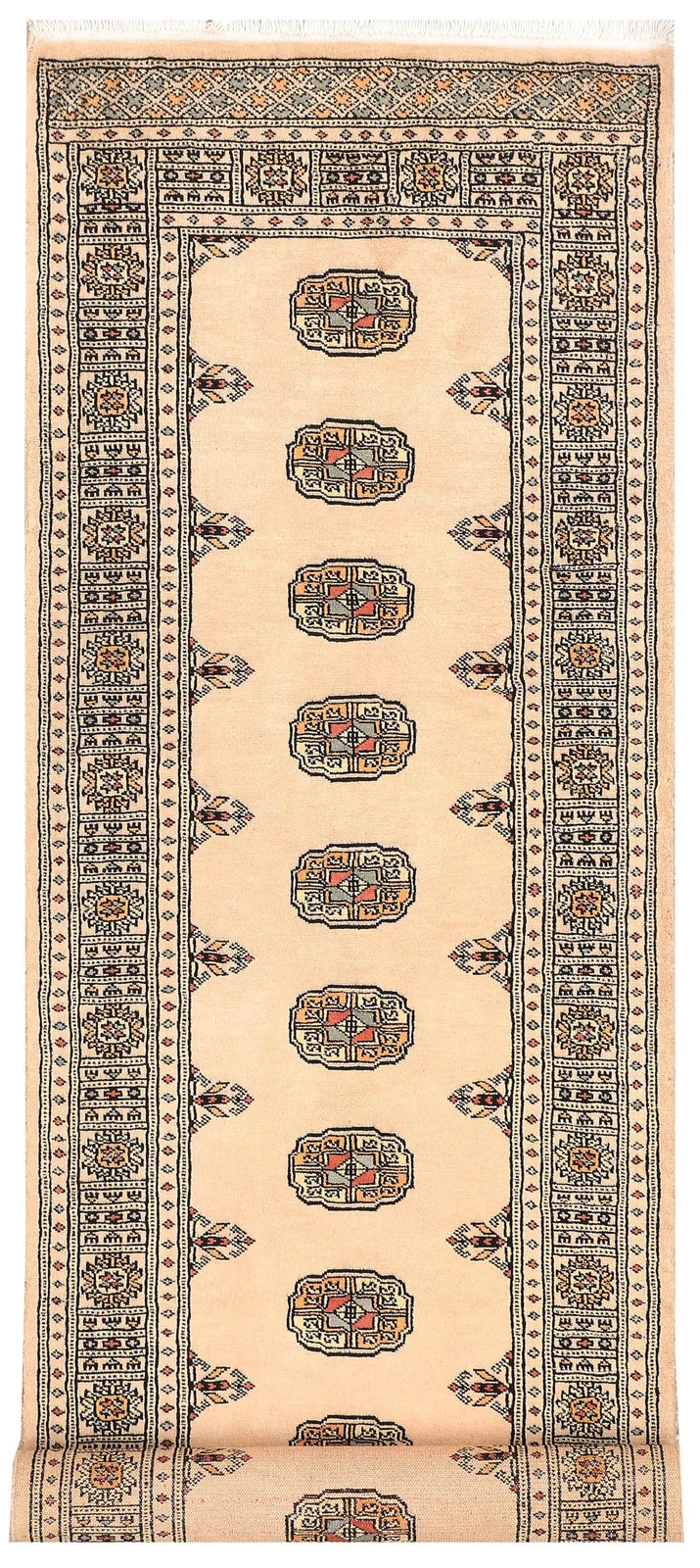 Antique White Pakistani Bokhara Rug 2' 7" x 9' 1" Hand-Knotted | No. QA93794