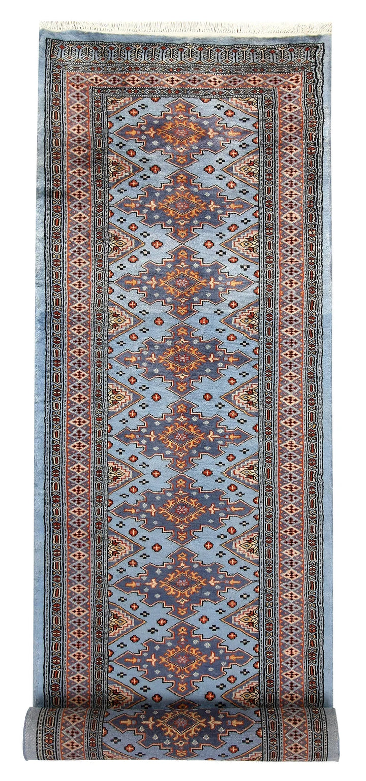Light Steel Blue Pakistani Jaldar Runner 2' 7" x 9' 6" Hand-Knotted | No. QA93997