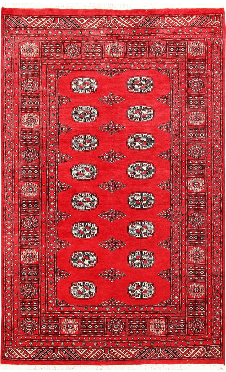 Red Pakistani Bokhara Rug 4' x 6' 5" Hand-Knotted | No. QA94412