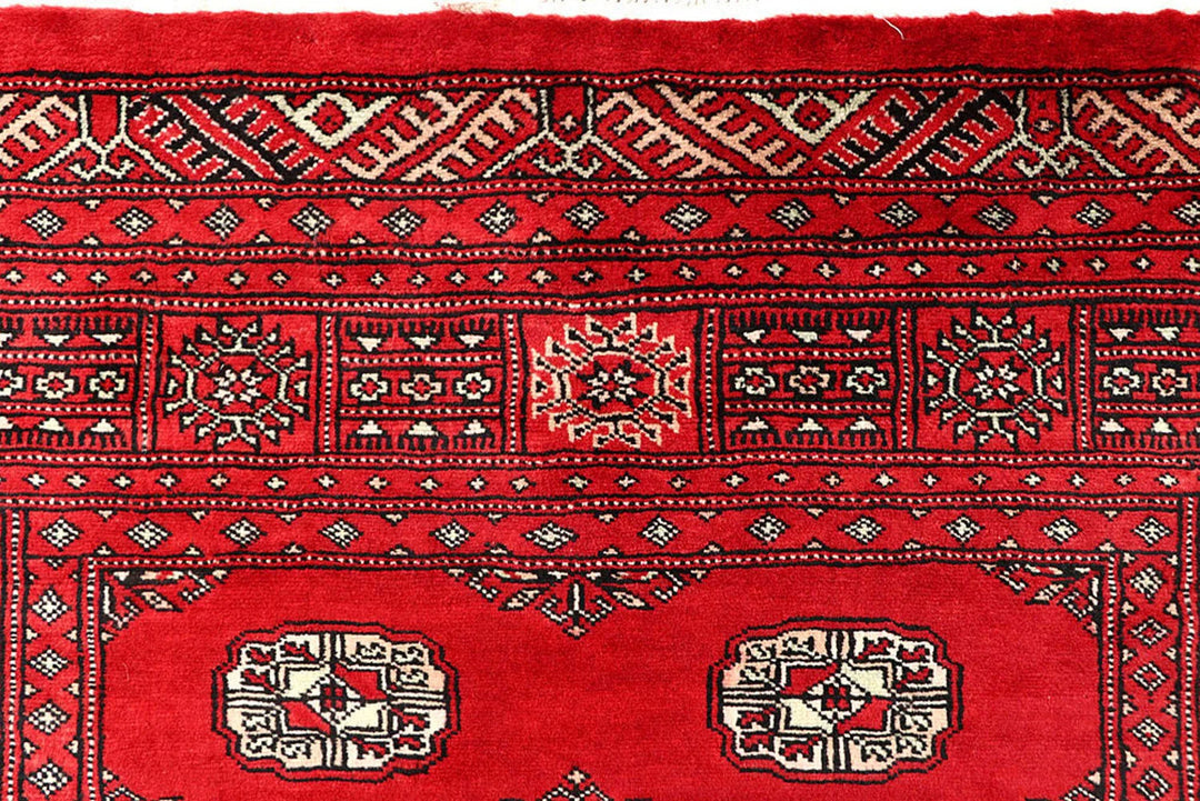 Red Pakistani Bokhara Rug 4' x 6' 5" Hand-Knotted | No. QA94412