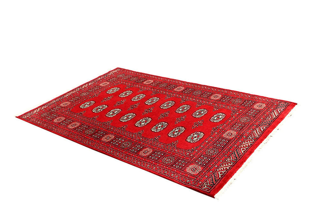 Red Pakistani Bokhara Rug 4' x 6' 5" Hand-Knotted | No. QA94412