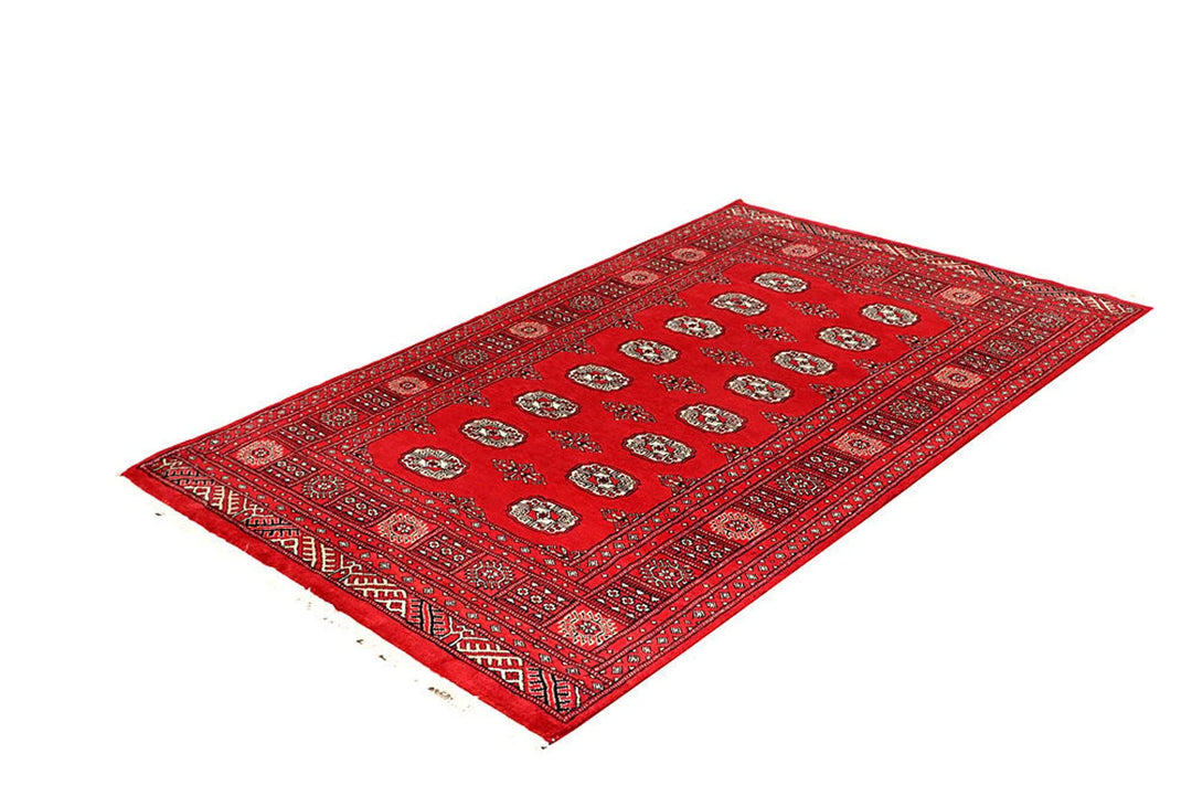 Red Pakistani Bokhara Rug 4' x 6' 5" Hand-Knotted | No. QA94412