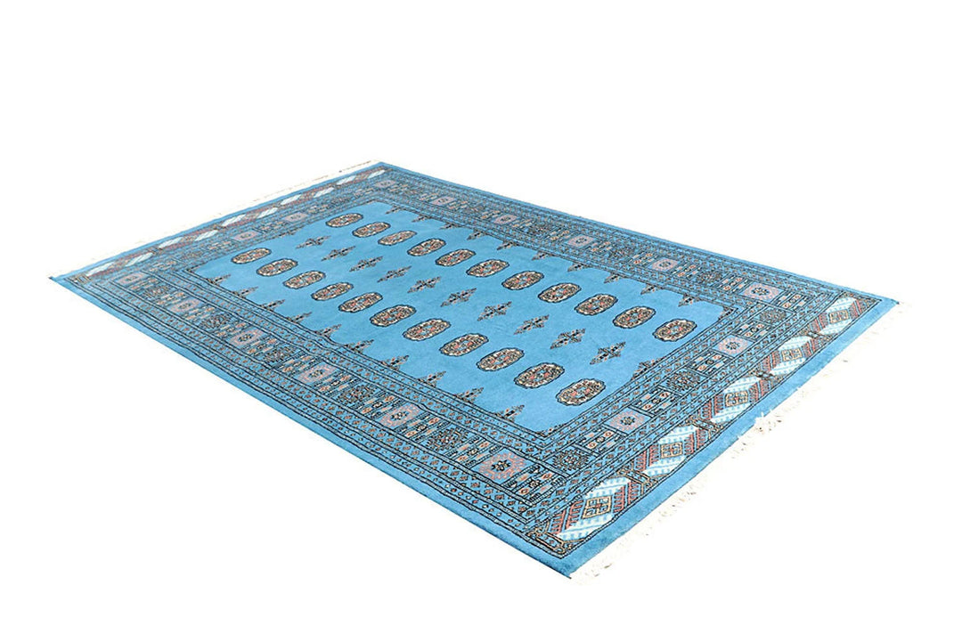 Deep Sky Blue Pakistani Bokhara Rug 5' 1" x 8' Hand-Knotted | No. QA96315