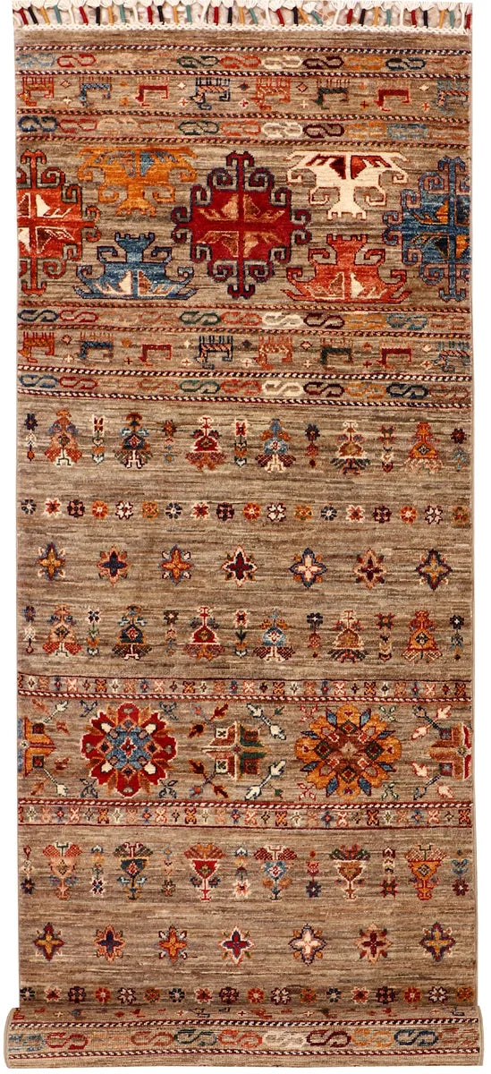 Afghan Kazak Rug 2' 8" x 8' 4" Hand-Knotted | No. QA96452