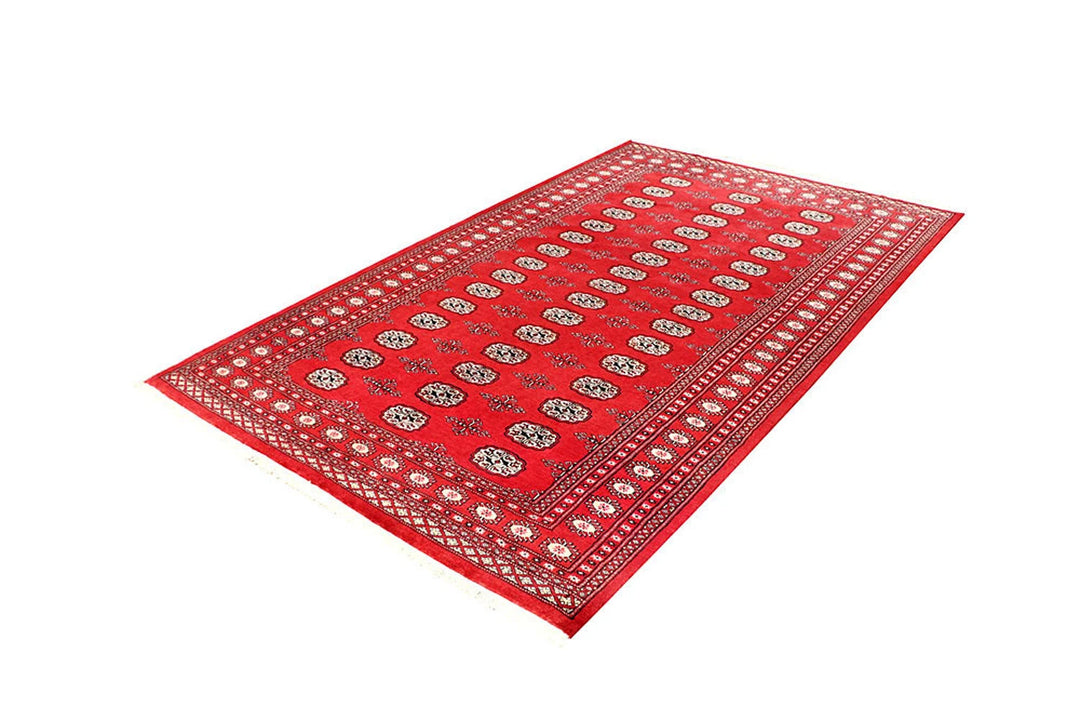 Red Pakistani Bokhara Rug 5' 2" x 8' 4" Hand-Knotted | No. QA97440