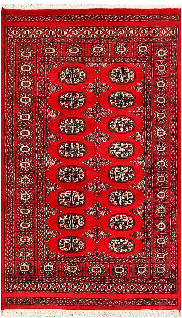 Red Pakistani Bokhara Rug 3' 1" x 5' 2" Hand-Knotted | No. QA97640