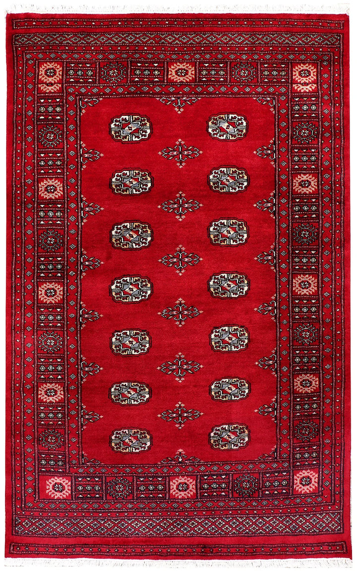 Red Pakistani Bokhara Rug 4' x 6' 5" Hand-Knotted | No. QA97797