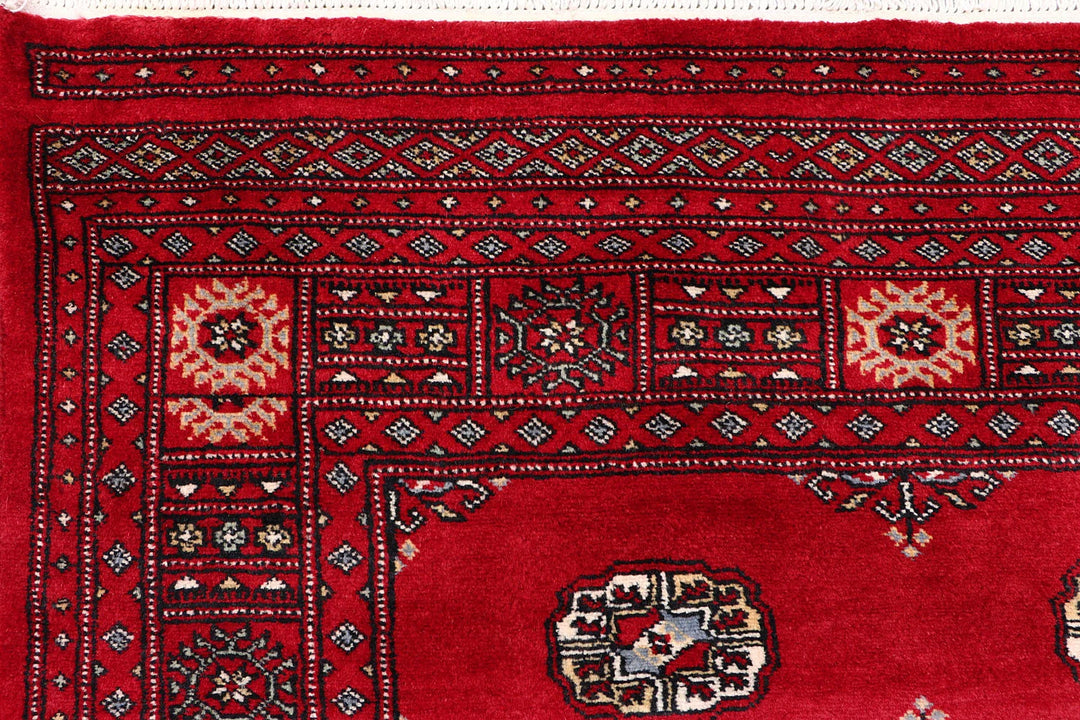 Red Pakistani Bokhara Rug 4' x 6' 5" Hand-Knotted | No. QA97797