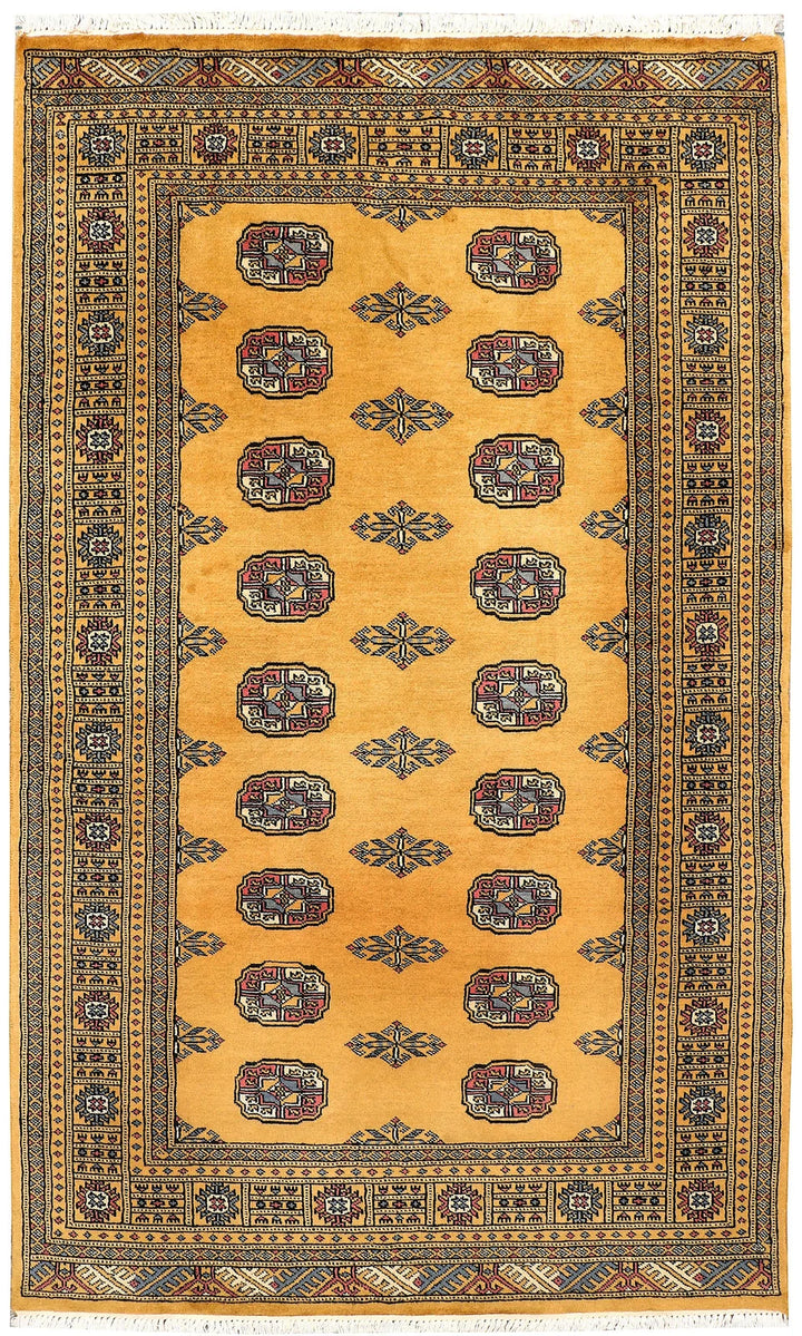 Goldenrod Pakistani Bokhara Rug 4' 2" x 6' 3" Hand-Knotted | No. QA98105